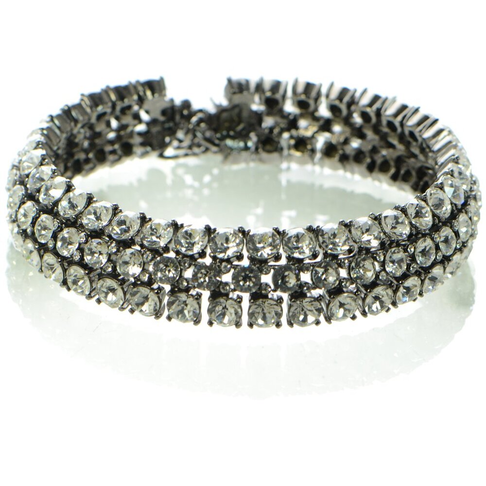 Oscar de la Renta Gunmetal Triple Strand Crystal Coil Choker Necklace - Picture 2 of 8